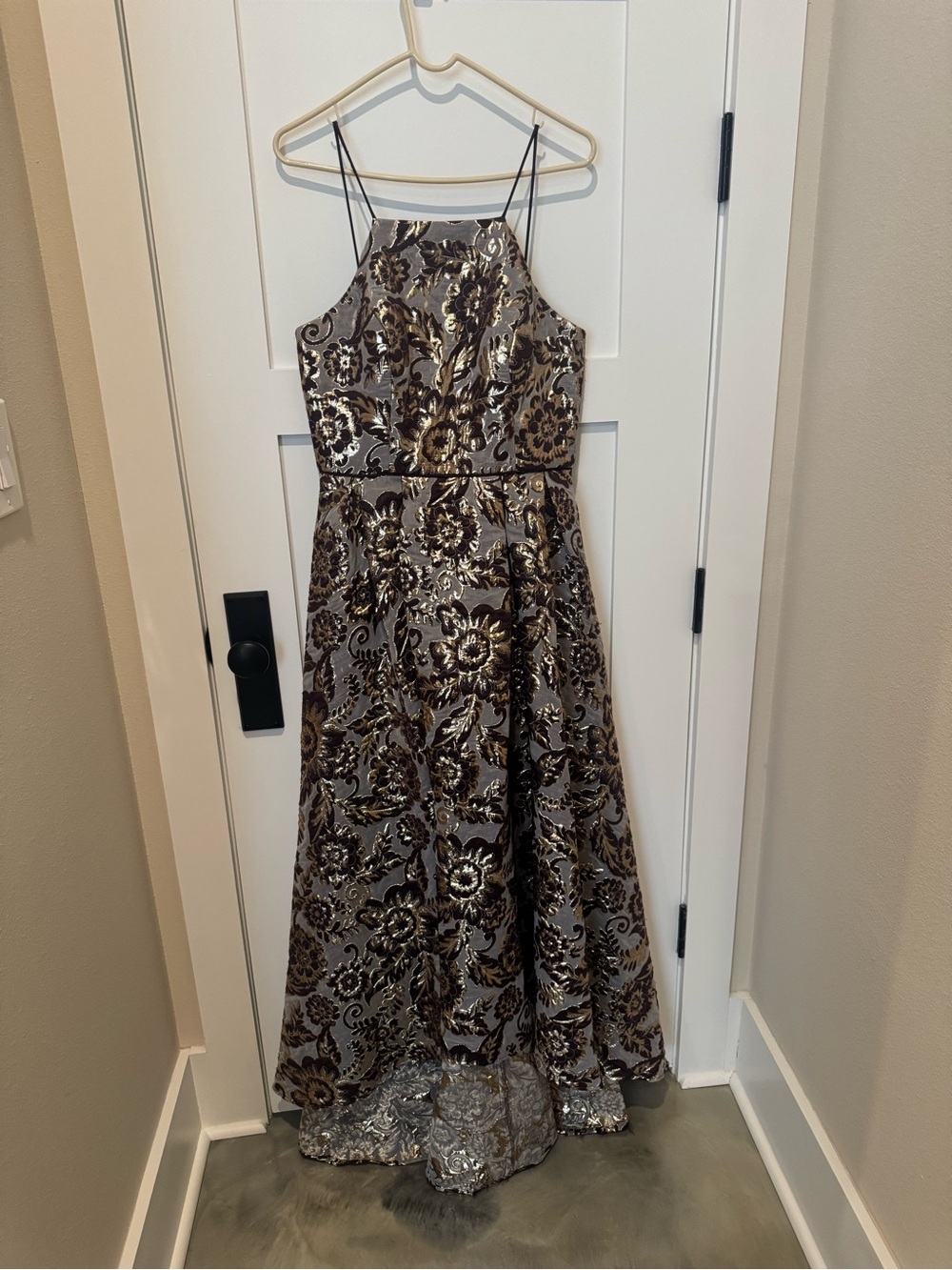 Betsy & Adam Metallic Gold and Silver High-Low Formal Dress